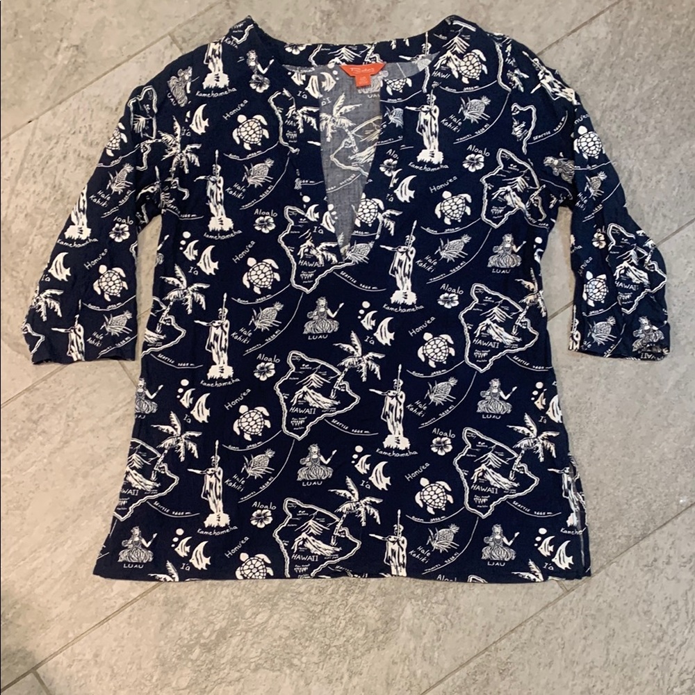 Hawaiian Tropical Tiki Hula Luau Turtle Fish Pineapple Tunic Beach Top Size L